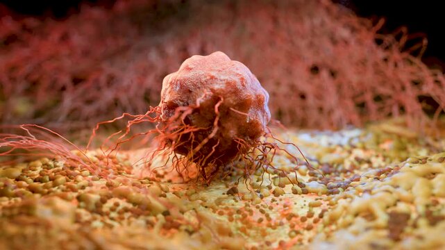 Cancer Cell Growth and Metastasis, Tumor Infection and Invasive Inflammation, Cancerous Cells Spreading Over Tissue, Viral Infection and Lymphocytes in Cancer Immunotherapy, 3D Medical Illustration Re