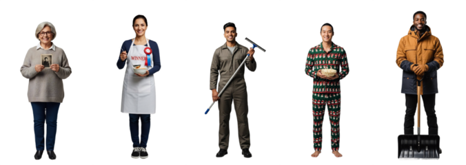 Diverse people: Hispanic historian, Middle Eastern cook, South Asian window washer, East Asian Christmas movie fan, Black snow specialist. Isolated on transparent background, perfect for holiday,