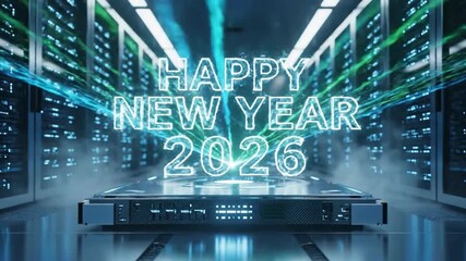Futuristic server room with Happy New Year 2026 message - Powered by Adobe