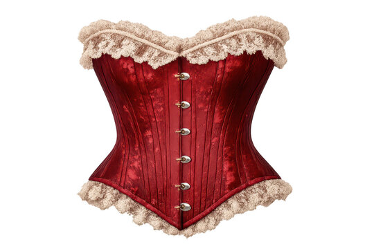 Elegant red corset with lace trim on transparent background image.