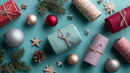 Gift boxes with paper rolls and Christmas decorations on colored background, top view