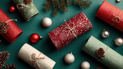 Gift boxes with paper rolls and Christmas decorations on colored background, top view