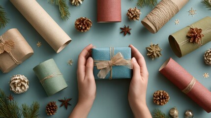Gift boxes with paper rolls and Christmas decorations on colored background, top view