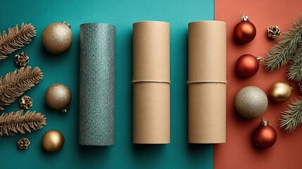 Gift boxes with paper rolls and Christmas decorations on colored background, top view