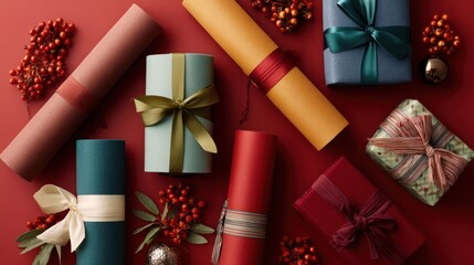 Gift boxes with velvet ribbons, wrapping paper rolls, and decorations on red background