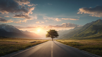 2022 New Year road trip and future vision concept. Scenic landscape with a highway leading forward, symbolizing a fresh and successful start to the year 2022 and upcoming celebrations.
