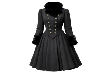 Elegant black coat, vintage style with transparent background for designs.
