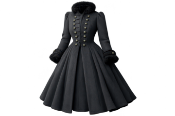 Black gothic coat with fur and button details on transparent background