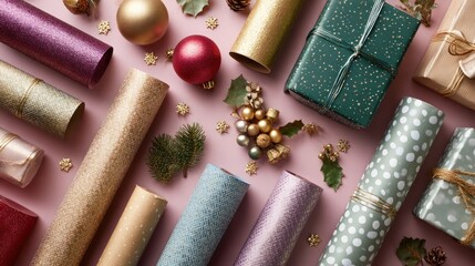 Gift boxes with wrapping paper rolls and holiday decorations on colored background, top view