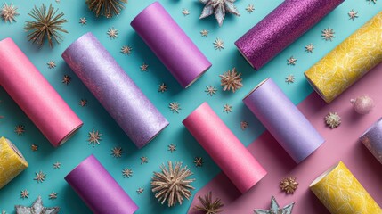 Gift boxes with wrapping paper rolls and holiday decorations on colored background, top view