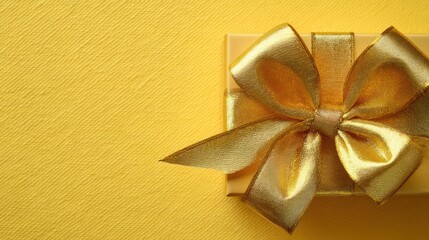Gift wrapped in gold ribbon on yellow background for Christmas, birthday, or celebration banner with copy space
