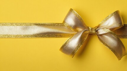 Gift wrapped in gold ribbon on yellow background for Christmas, birthday, or celebration banner with copy space