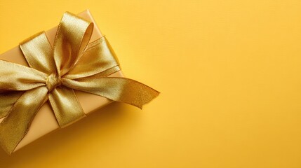 Gift wrapped in gold ribbon on yellow background for Christmas, birthday, or celebration banner with copy space
