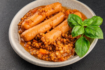 Sausage with lentils second course tasty snack fresh delicious gourmet food background on the table rustic top view copy space
