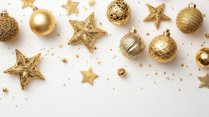 Gold Christmas balls and stars on white background, top view for greeting card or banner