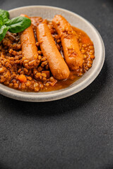 Sausage with lentils second course tasty snack fresh delicious gourmet food background on the table rustic top view copy space