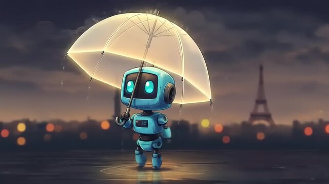 Cute robot wanders through rainy paris with umbrella against eiffel tower backdrop