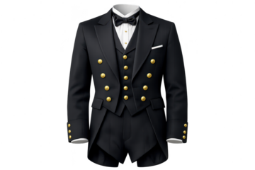 Elegant tailcoat suit on transparent background, formal menswear style.