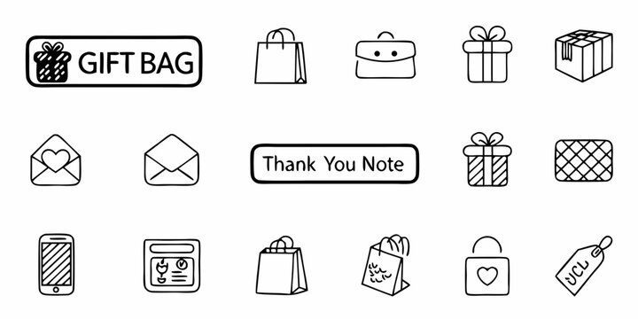 Gift Bag Icons, Shopping, Present, Envelope, Thank You Note, E-commerce, and Payment Symbols in Black and White