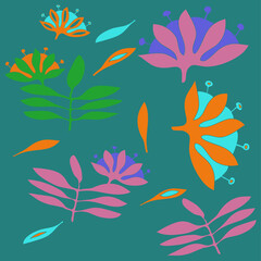 Design  colored branch, flower. Hand drawn.