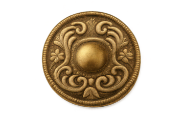 Ornate golden emblem with scrollwork on a transparent background.