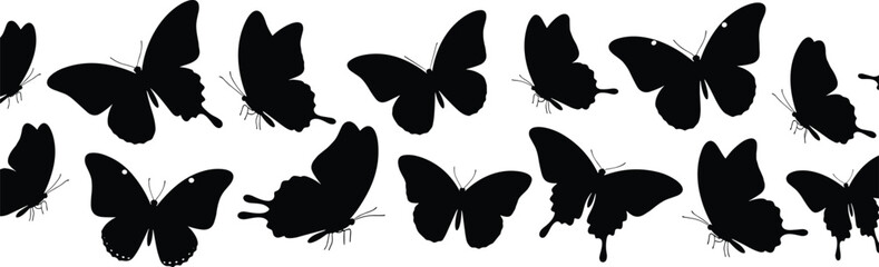 Butterfly silhouette collection, black insect shapes, species variation, wing design, white background, visual contrast, nature icon, graphic element, outline detail © Amit World