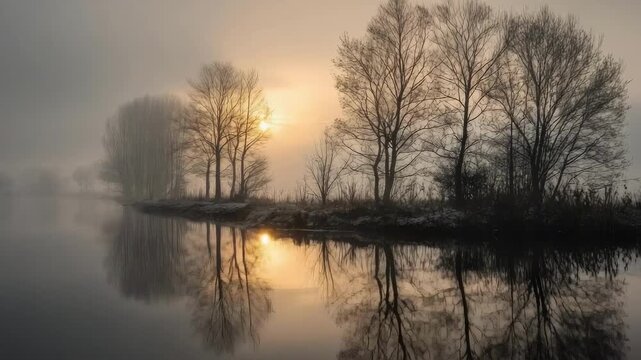 A misty lakeside at sunrise with leafless trees and their reflection on the calm water.