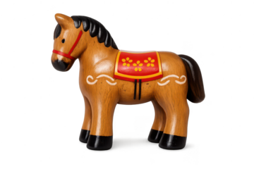 Toy horse with a red saddle on a transparent background, art object.