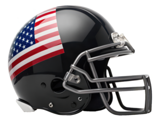 Sleek, durable black American football helmet featuring a vibrant, detailed depiction of the United States flag across its shell, presented in a slightly angled, isolated on transparent background.
