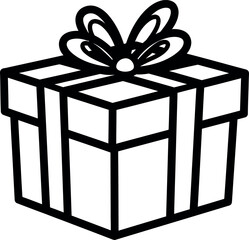 Minimalist black outline drawing of a neatly wrapped present gift box with a graceful decorative ribbon bow