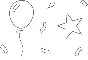 Simple line art balloon with star and festive confetti pieces creating a cheerful celebration or party decoration design vector illustration