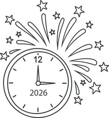 New Year countdown line art icon featuring a clock marking 2026 with festive fireworks explosions and scattered stars celebrating the upcoming year
