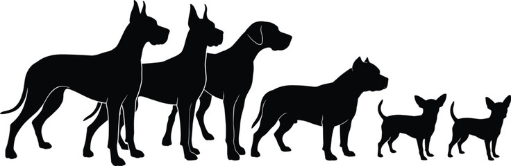 Silhouette, dog, breed, size, comparison, lineup, black, pet, animal, diversity, small, large, canine, profile, graphic, illustration, domestic, puppy, companion, walking, standing