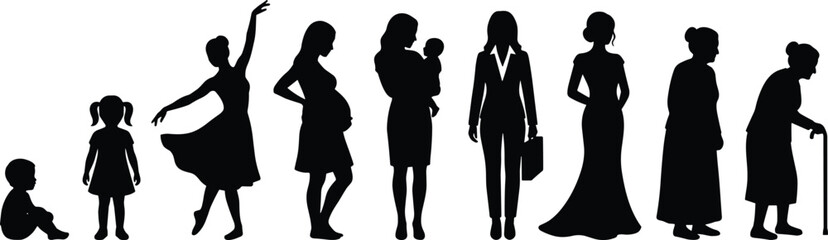 Silhouette, woman, life, stages, aging, timeline, female, growth, development, roles, motherhood, childhood, elderly, career, youth, journey, transformation, identity, evolution, graphic, illustration