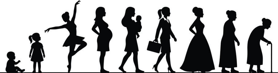 Silhouette, woman, life, stages, aging, timeline, female, growth, development, roles, motherhood, childhood, elderly, career, youth, journey, transformation, identity, evolution, graphic, illustration