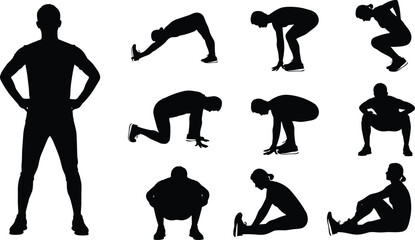 Stretching poses, silhouette illustration, fitness movement, warm-up exercise, flexibility training, black and white graphic, physical health, posture, wellness, workout routine