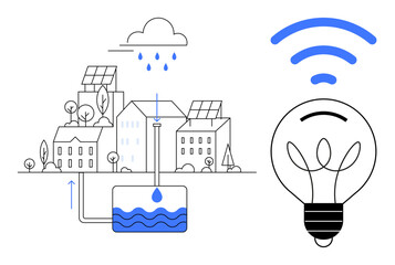 Renewable energy, water management, clean technology, smart homes, internet of things, urban planning. City with solar panels, rainwater harvesting system light bulb icon with wireless. Renewable