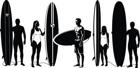 Surfing silhouettes, beach lifestyle, surfboards, summer activity, ocean sport, male and female surfers, swimwear, coastal culture, black and white illustration, graphic art