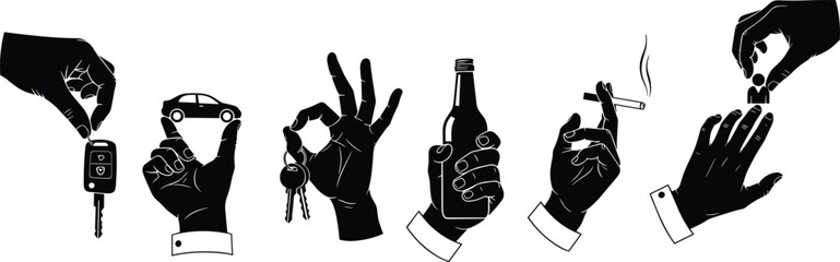 Symbolic hands, adult life actions, silhouette illustration, car key, toy, alcohol, cigarette, marriage ring, black and white graphic