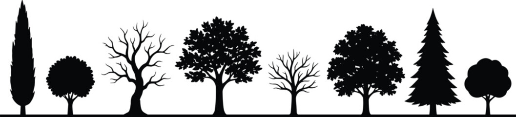 Tree, silhouette, foliage, diversity, nature, black, botanical, landscape, environment, growth, seasonal, forest, leafless, leafy, profile, shape, design, illustration, outdoor, graphic