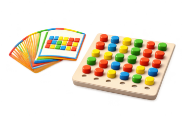 Colorful Pegboard Game with Pattern Cards on transparent background
