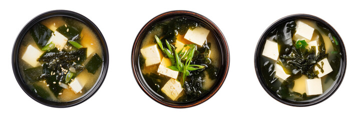 Top view of delicious bowls of miso soup with tofu and seaweed garnish isolated on transparent background