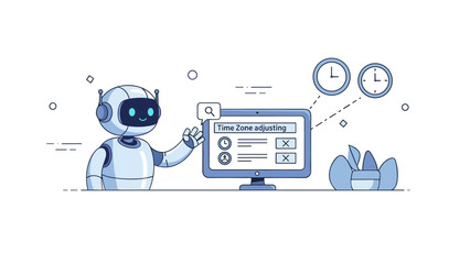 Ai robot assisting with time zone adjustments on computer screen