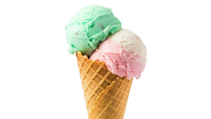 Delicious ice cream cone with two scoops isolated PNG, refreshing dessert with pistachio and...