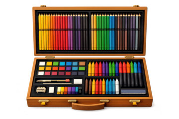Open art set with colored pencils and transparent background artwork.