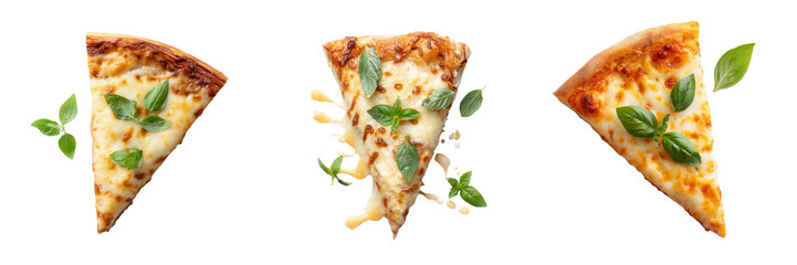 Top View of Delicious Cheese Pizza Slices with Fresh Basil Leaves Isolated on Transparent Background