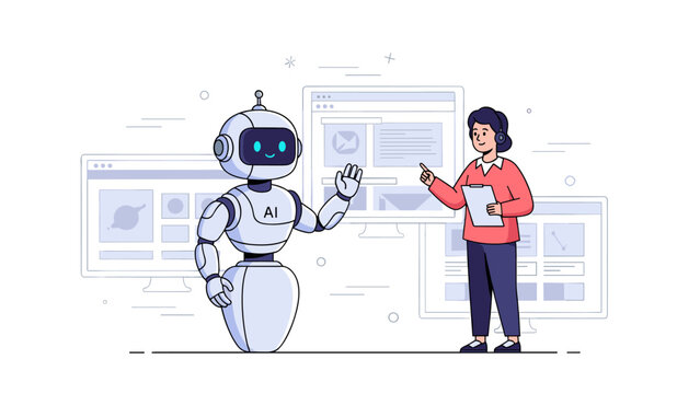 Female adult engaging with friendly robot in tech environment