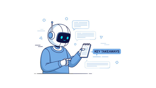 Friendly robot taking notes with speech bubbles and key takeaways in a blue-themed illustration