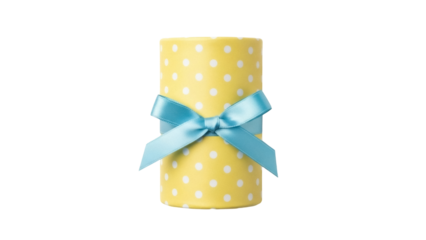 Yellow polka dot gift box with blue ribbon isolated PNG, present for baby shower or birthday on transparent background