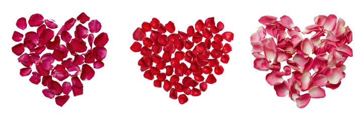 Top View of Heart Shapes Made of Red and Pink Rose Petals for Romantic Themes Isolated on Transparent Background